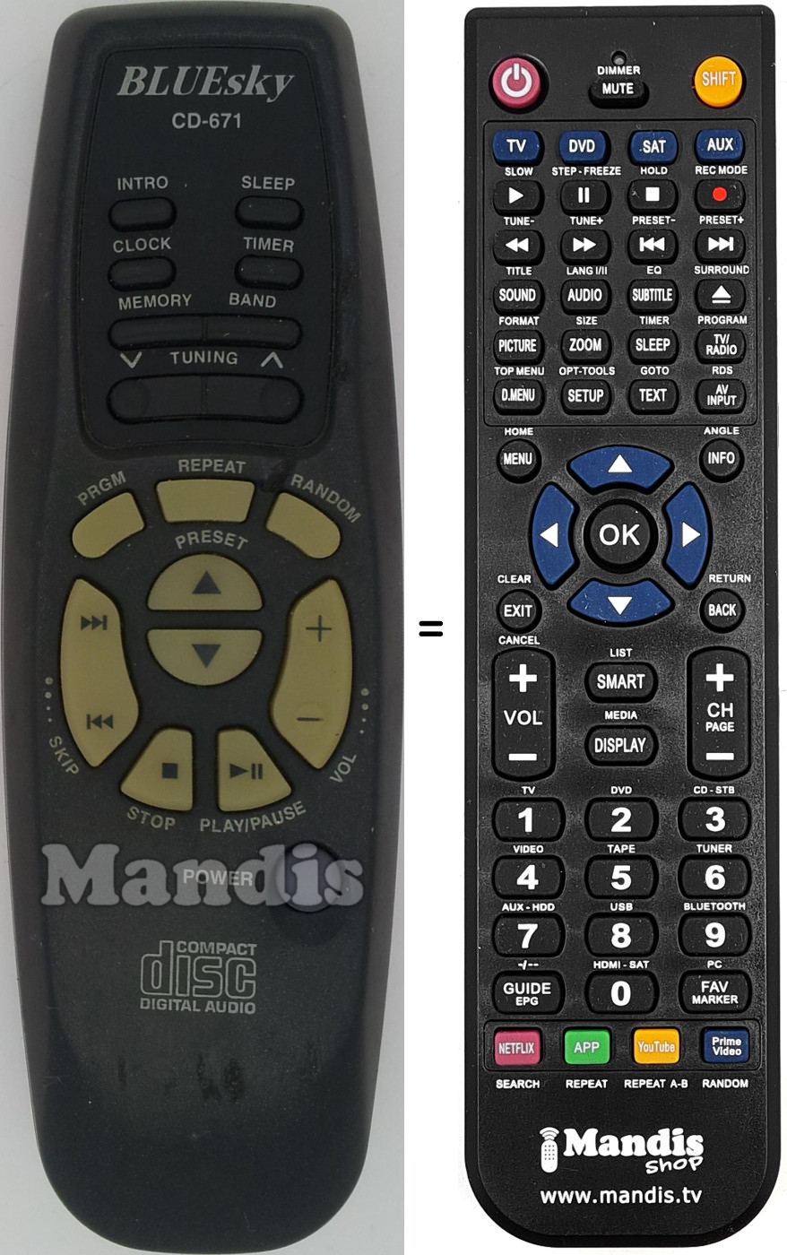 Replacement remote control Bluesky CD-671