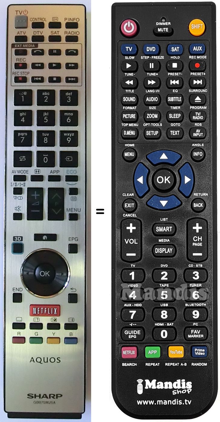 Replacement remote control Sharp RRMCGB075WJSA